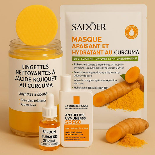 KIT CURCUMA : Coton curcuma + Sérum au curcuma + Masque au curcuma + Crème solaire La Roche Posail